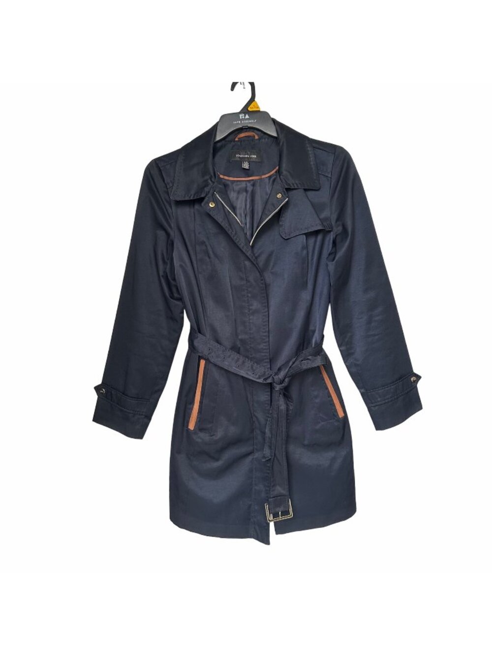✨Womens Trench Coat Sz M Jones New York Mid Length Navy Belt Vent Zip Satin✨